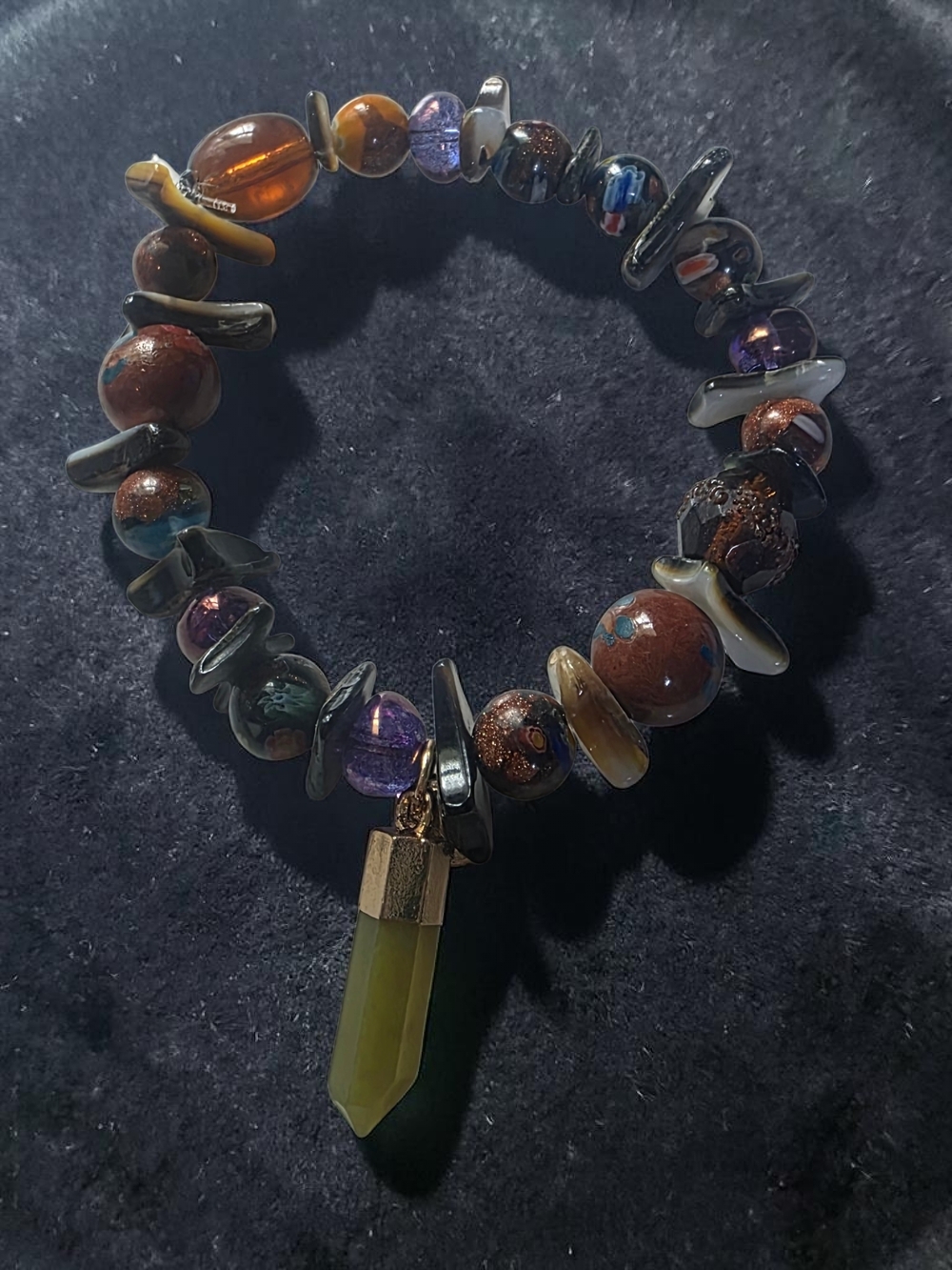 Earth Tone Beaded Bracelet with Green Crystal Point Charm